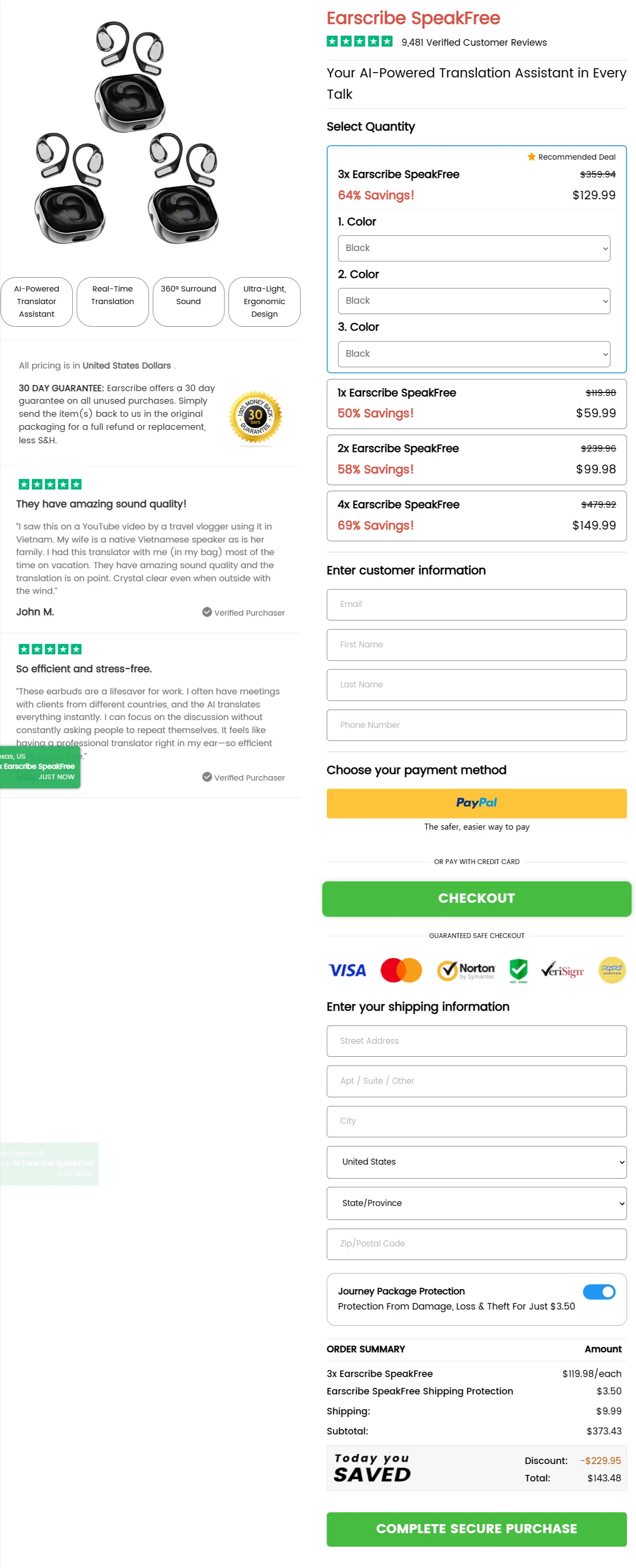 Earscribe SpeakFree secure checkout page